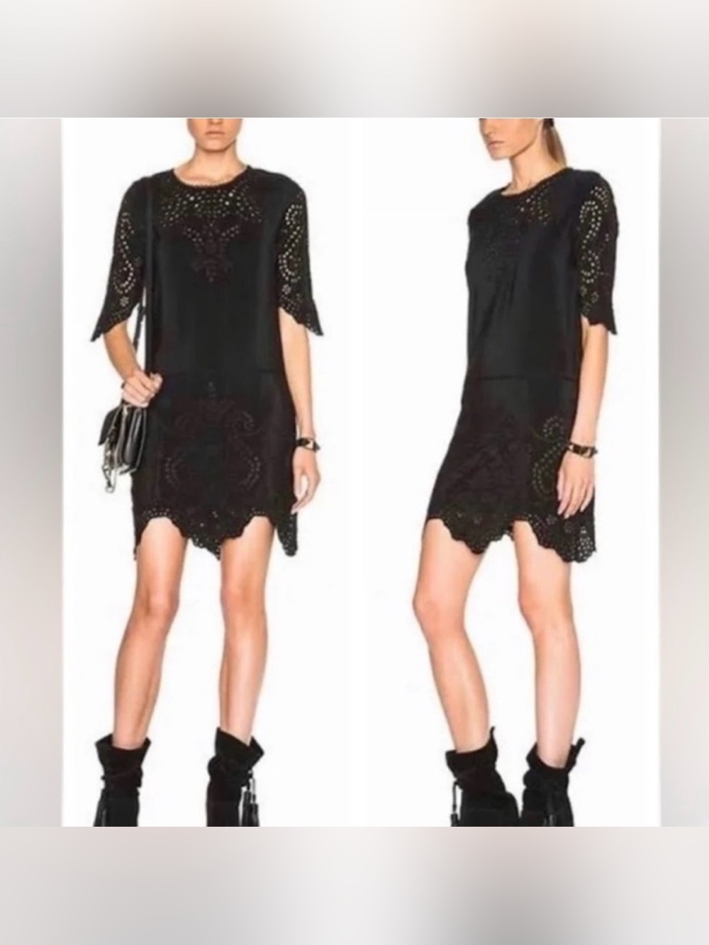 Ulla Johnson Delphine Silk Dress 4 Raven Black Eyelet Embroidery Drop Waist Boho